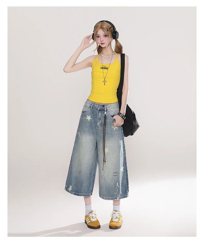 Street Y2K Vintage Washed Cat Whiskered Style embroidered Bermuda Jeans Knee Length Denim Jorts Casual Shorts Cropped Trousers