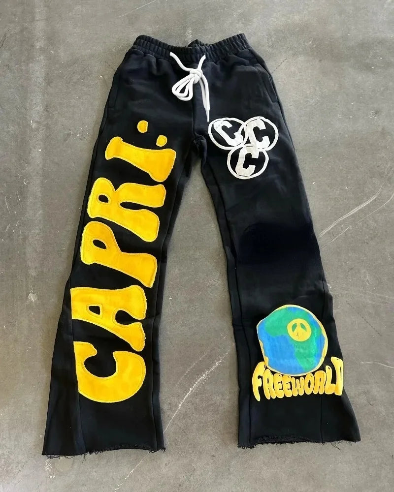 Y2K Hip Hop Flared Casual Pants Unisex Summer Loose Wide Leg Trousers Foam Letter Earth Peace Print Elastic Street Sweatpants