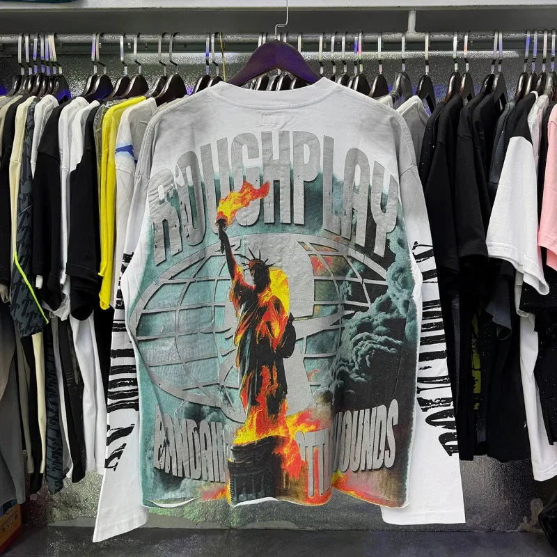 New American Style Rough Play Splicing Shinning Diamond 100% Cotton long sleeves T-shirts for Men Women Crew Neck Loose Summer T-shirt Oversized Tees