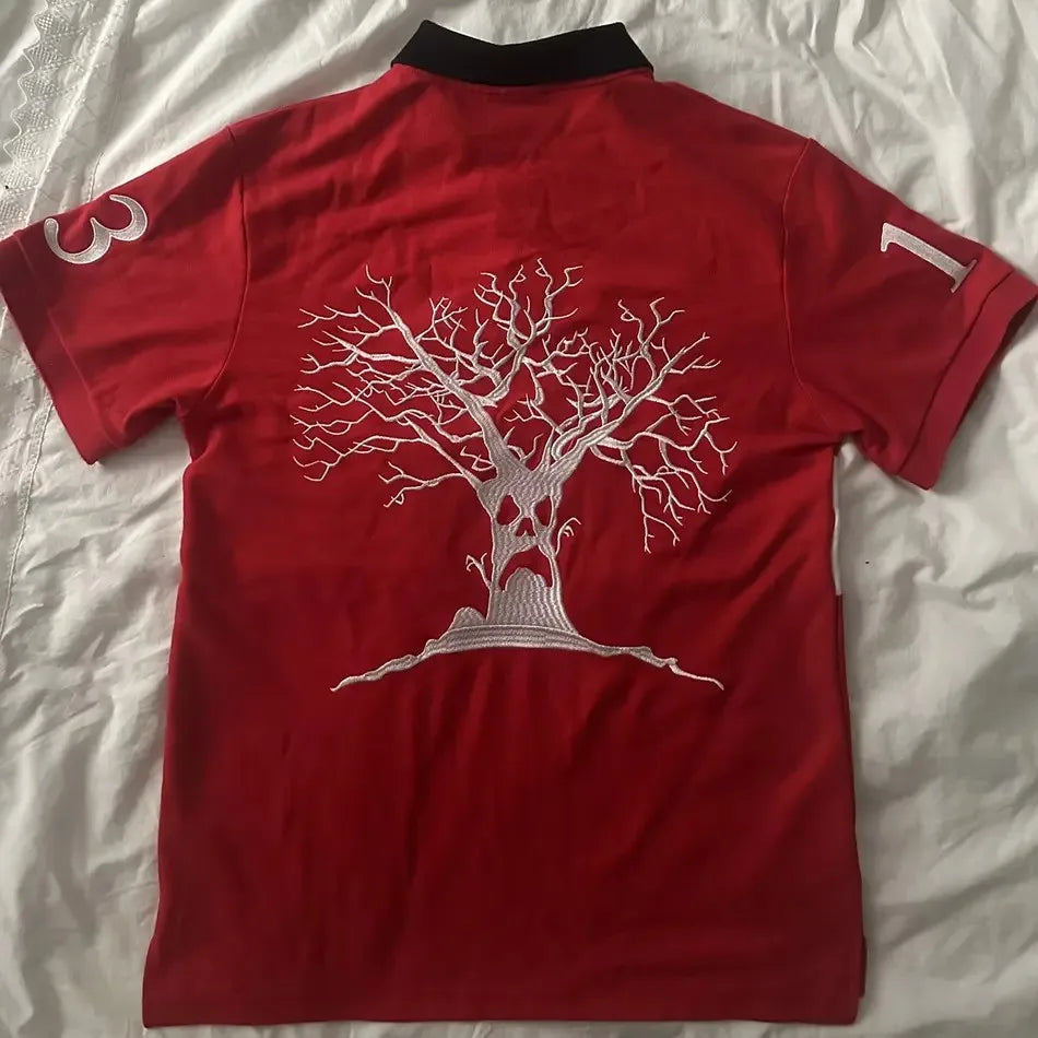 Haunted Mound Embroidered Red Polo Shirt Y2K Tshirt HipHop Retro Pumpkin Head Letter Embroidered Oversized Short Sleeve Top