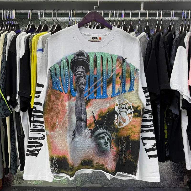 New American Style Rough Play Splicing Shinning Diamond 100% Cotton long sleeves T-shirts for Men Women Crew Neck Loose Summer T-shirt Oversized Tees