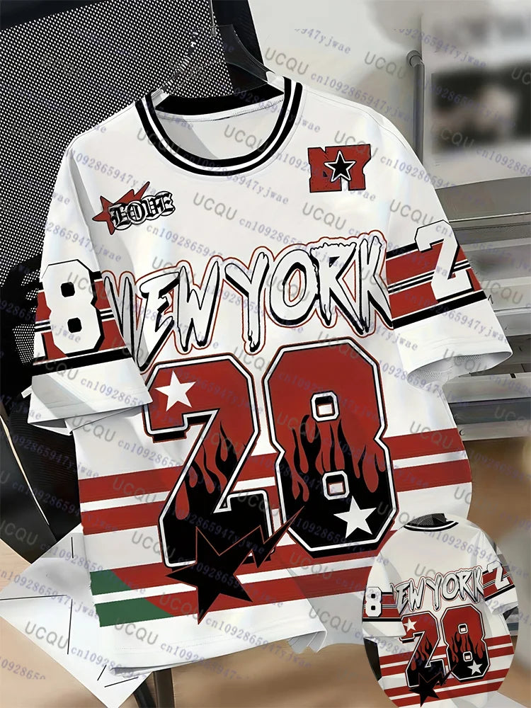 European American New York No.28 Football Jersey Women's Men's Summer Sports Fashion Striped Breathable Outdoor Streetwear Tops