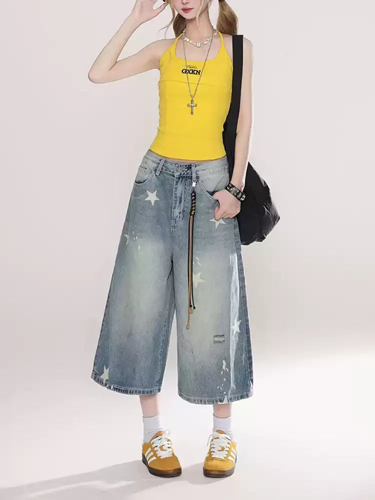 Street Y2K Vintage Washed Cat Whiskered Style embroidered Bermuda Jeans Knee Length Denim Jorts Casual Shorts Cropped Trousers