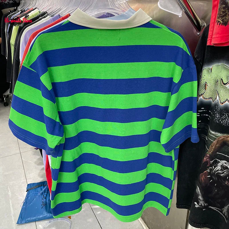 Striped Rhinestone Letter Logo MAJESTIK Short Sleeve Polo Shirt Men Woman Streetwear All-match Tee Best Quality New Fashion Top
