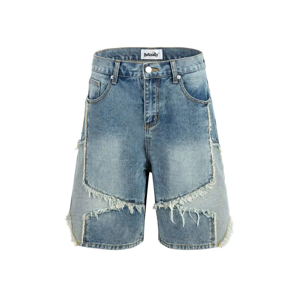 Summer Pentagram Pattern Men's Jort Splicing Mid Length Denim Pants American High Street Straight Male Shorts