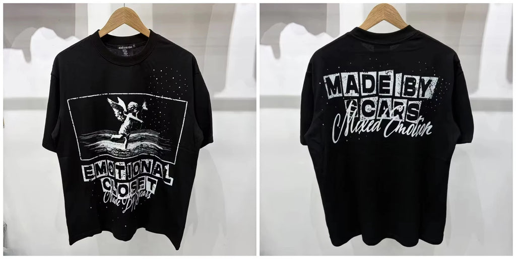 New MIXED-EMOTION Rhinestone cartoon printed pattern  cotton Men Women T-shirt Loose casual Shinning Tees Oversized Top