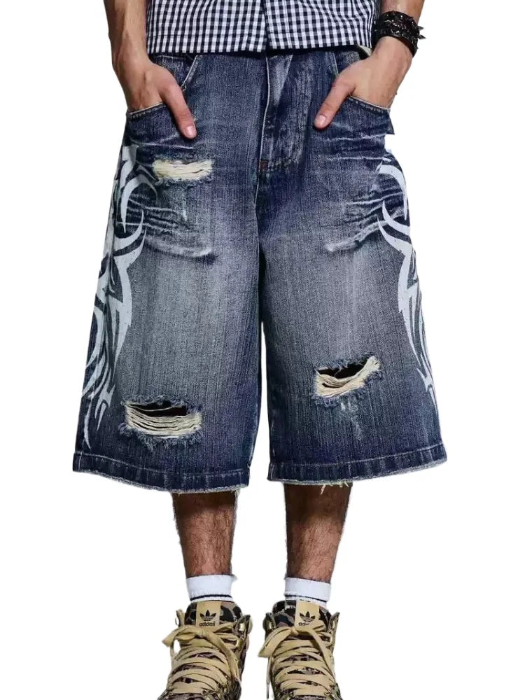 HOUZHOU Gothic Vintage Print Short Jeans Women Grunge Blue Oversize Distressed Jorts Wide Leg Pattern Denim Shorts Streetwear