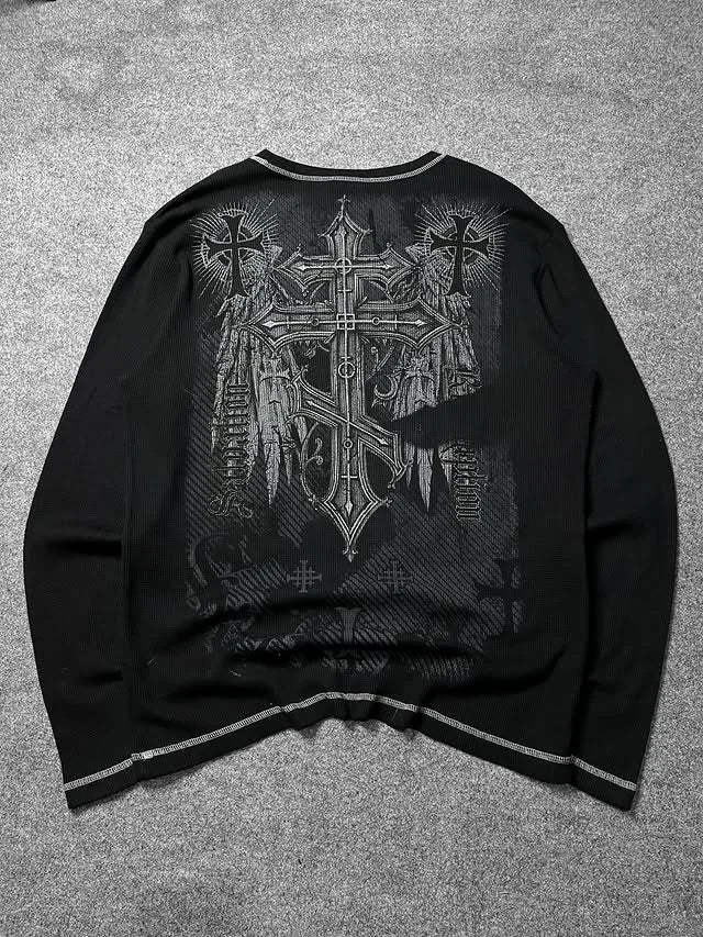 Alt Style Y2K Gothic Long Sleeve Pattern Oversized T Shirt High Street Breathable Cotton Women Man Casual Top