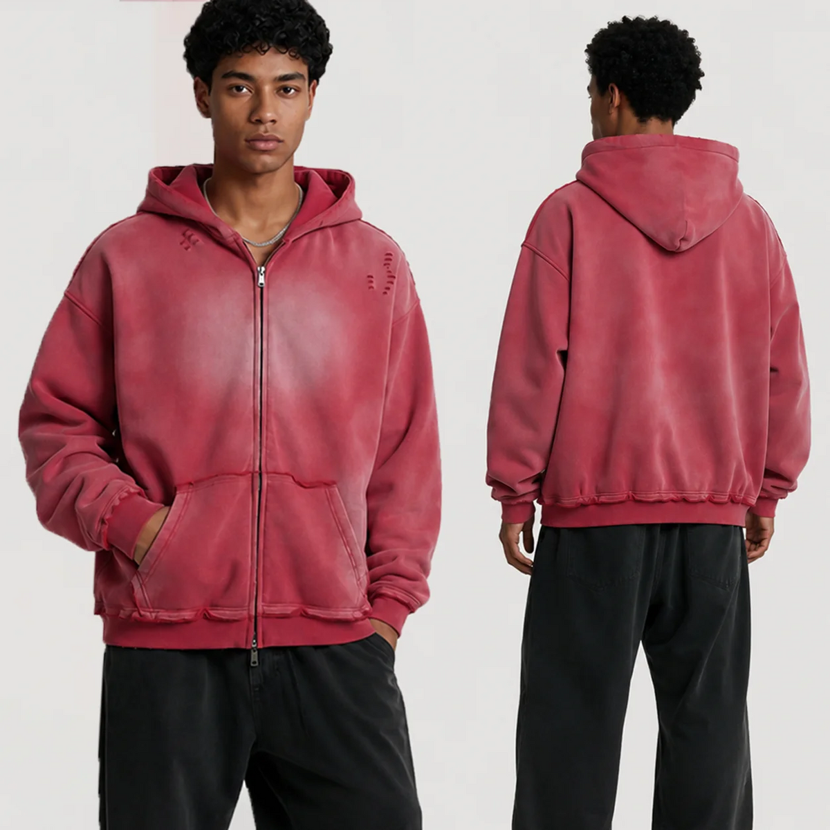 Vintage Washed Zip up Hoodie Heavyweight 400G Oversized Faded Hoodie Y2K Streetwear Full Zip Jacket