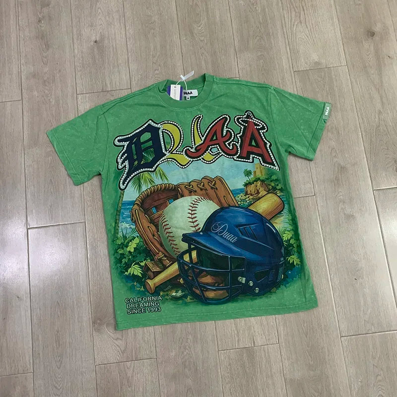 Streetwear Rhinestone Letter Print Yellow T-shirt Men Woman Fashion Retro Shinning Diamond loose casual Oversized Hip Hop Tees