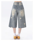 Street Y2K Vintage Washed Cat Whiskered Style embroidered Bermuda Jeans Knee Length Denim Jorts Casual Shorts Cropped Trousers