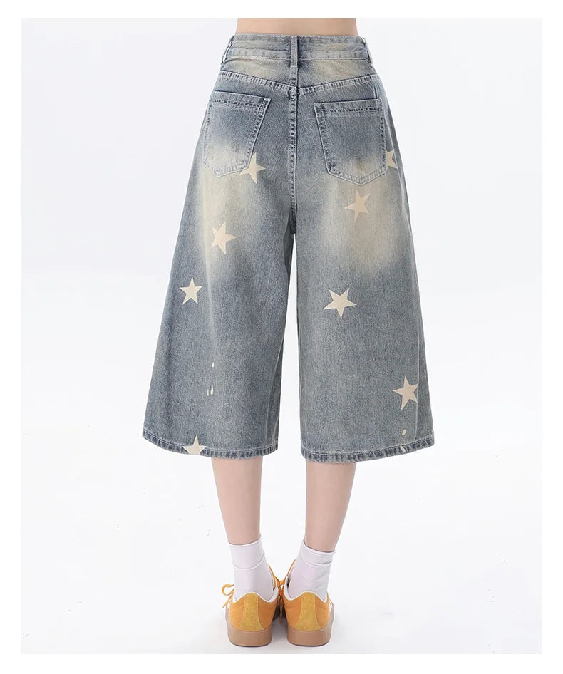Street Y2K Vintage Washed Cat Whiskered Style embroidered Bermuda Jeans Knee Length Denim Jorts Casual Shorts Cropped Trousers