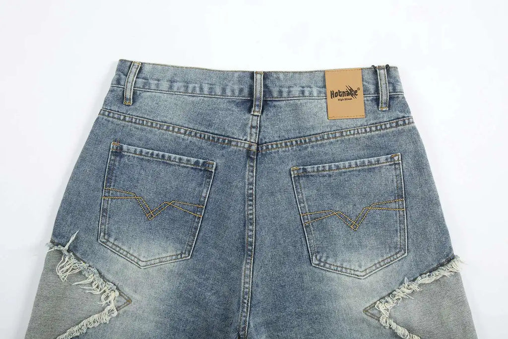 Summer Pentagram Pattern Men's Jort Splicing Mid Length Denim Pants American High Street Straight Male Shorts