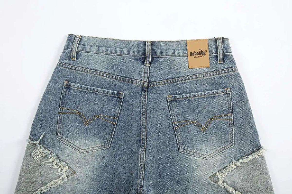 Summer Pentagram Pattern Men's Jort Splicing Mid Length Denim Pants American High Street Straight Male Shorts