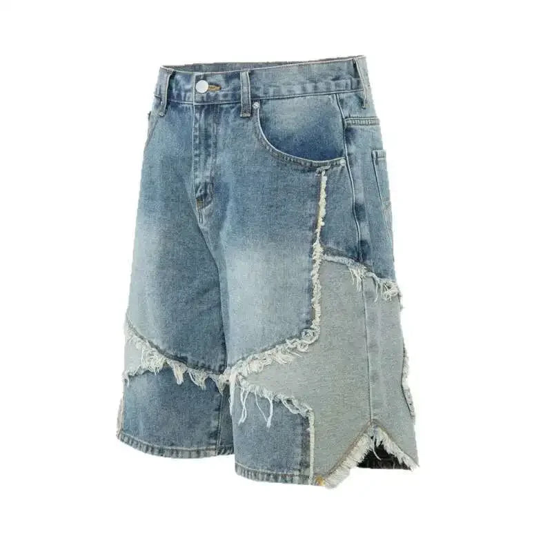 Summer Pentagram Pattern Men's Jort Splicing Mid Length Denim Pants American High Street Straight Male Shorts