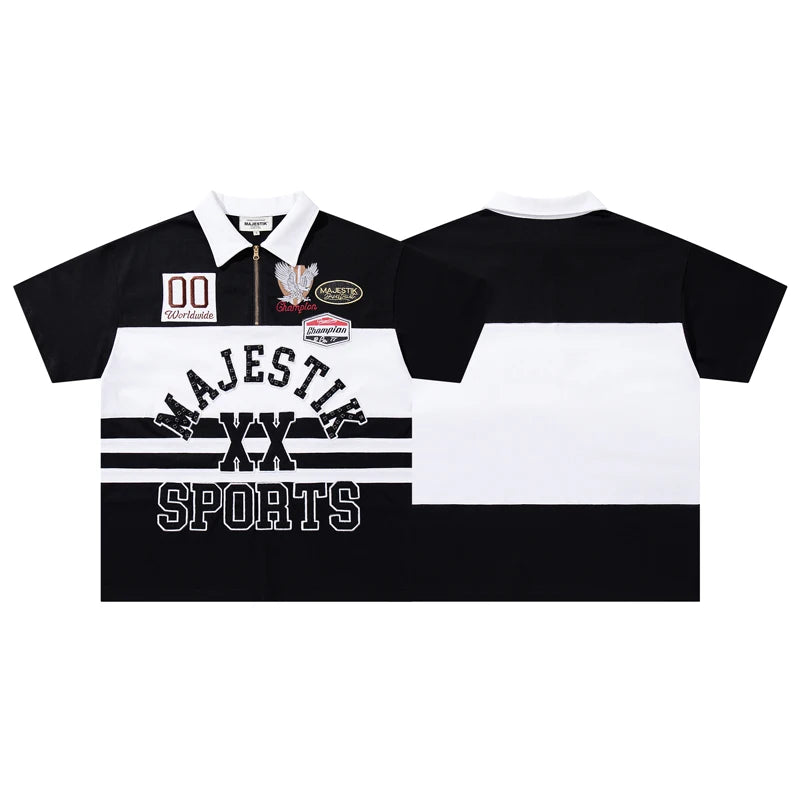 Embroidered Patchwork Rhinestone Letter Contrasting Lapel Short Sleeve Top Tees MAJESTIK Tshirts Cotton Men Women Street Outfit