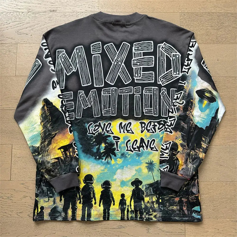 2026 New MIXED EMOTION Long Sleeve T-shirt Men Women High Street Full Print Best Quality Crewneck Hip Hop Oversized Tops
