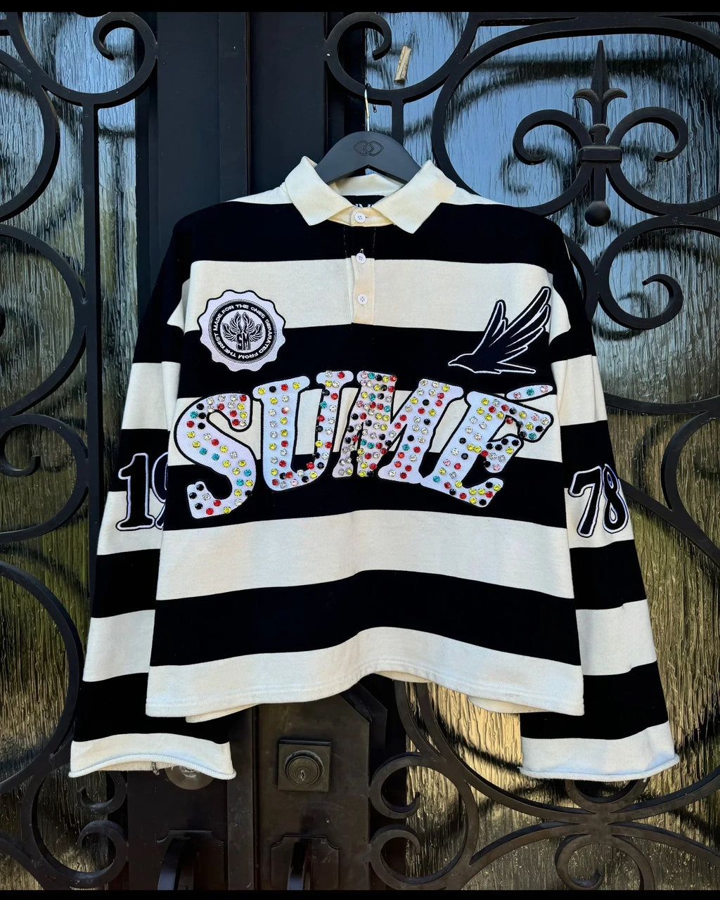 Sume Gothic Klein Stone Embroidery Loose Long Sleeved T Shirt Y2k Harajuku Hip Hop Men Women Stripe Polo Shirt Lapel Neck Shirt