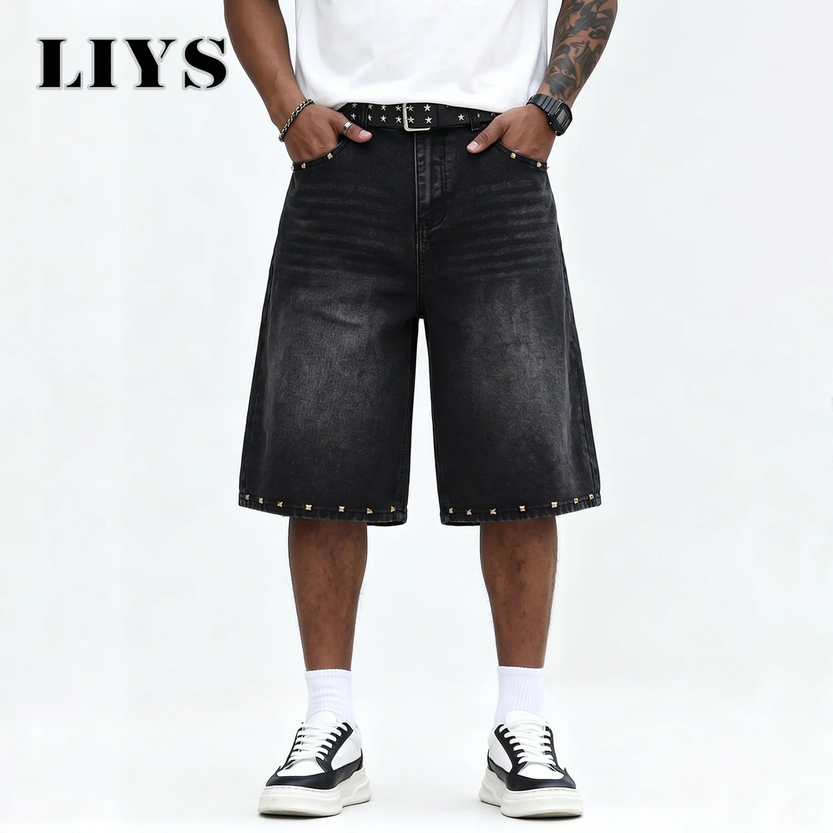 LIYS Men's Vintage Black Rivet Wide-Leg Jean Jorts High Street Y2K Fashion Brand Pants Streetwear Casual Outdoor Daily Wear ﻿
