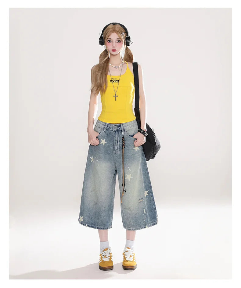 Street Y2K Vintage Washed Cat Whiskered Style embroidered Bermuda Jeans Knee Length Denim Jorts Casual Shorts Cropped Trousers