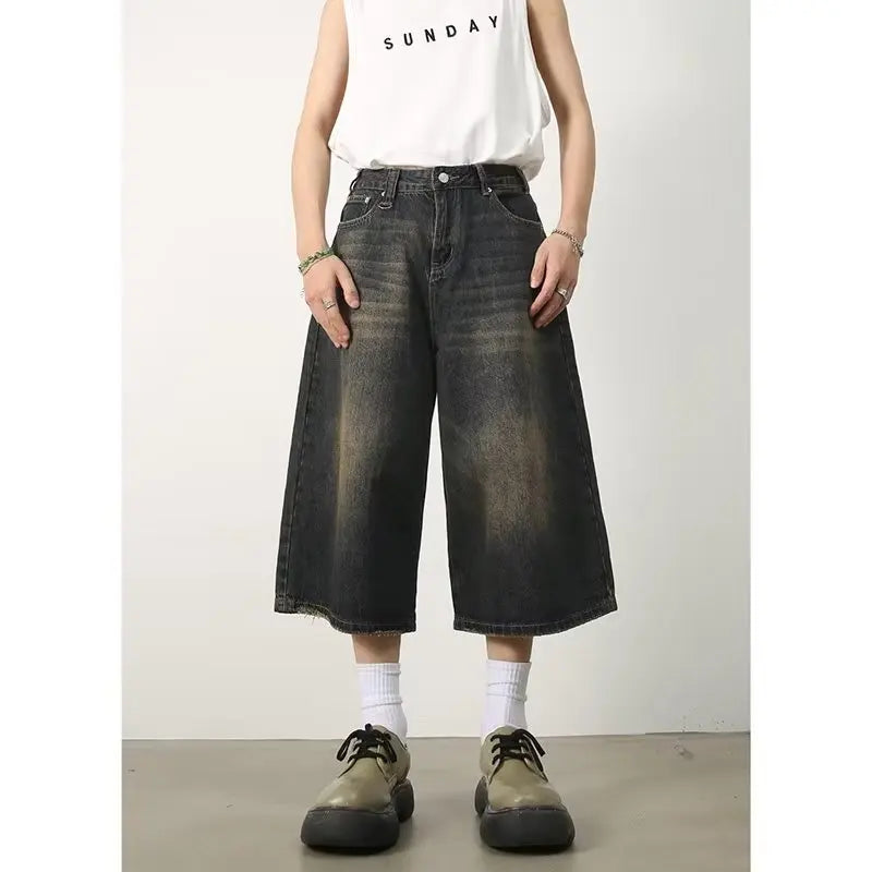 Vintage Y2k Baggy Jeans Men's Fashion High Waisted Wide Leg Pants Summer Hip Hop Streetwear Couple Leisure Denim Cropped Pants