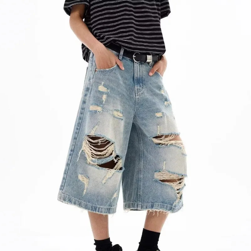 New Men Vintage Ripped Baggy Short Jeans Women Grunge Distressed Oversized Jorts Y2k Retro Punk Streetwear Wide Leg Denim Shorts
