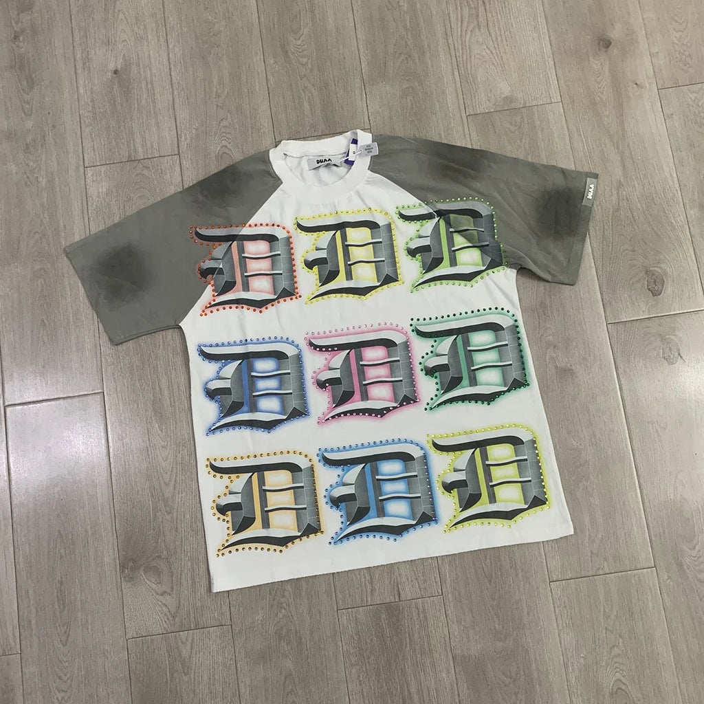 Streetwear Rhinestone Letter Print Yellow T-shirt Men Woman Fashion Retro Shinning Diamond loose casual Oversized Hip Hop Tees