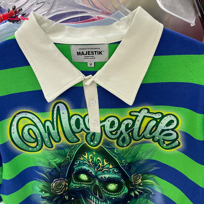 Striped Rhinestone Letter Logo MAJESTIK Short Sleeve Polo Shirt Men Woman Streetwear All-match Tee Best Quality New Fashion Top