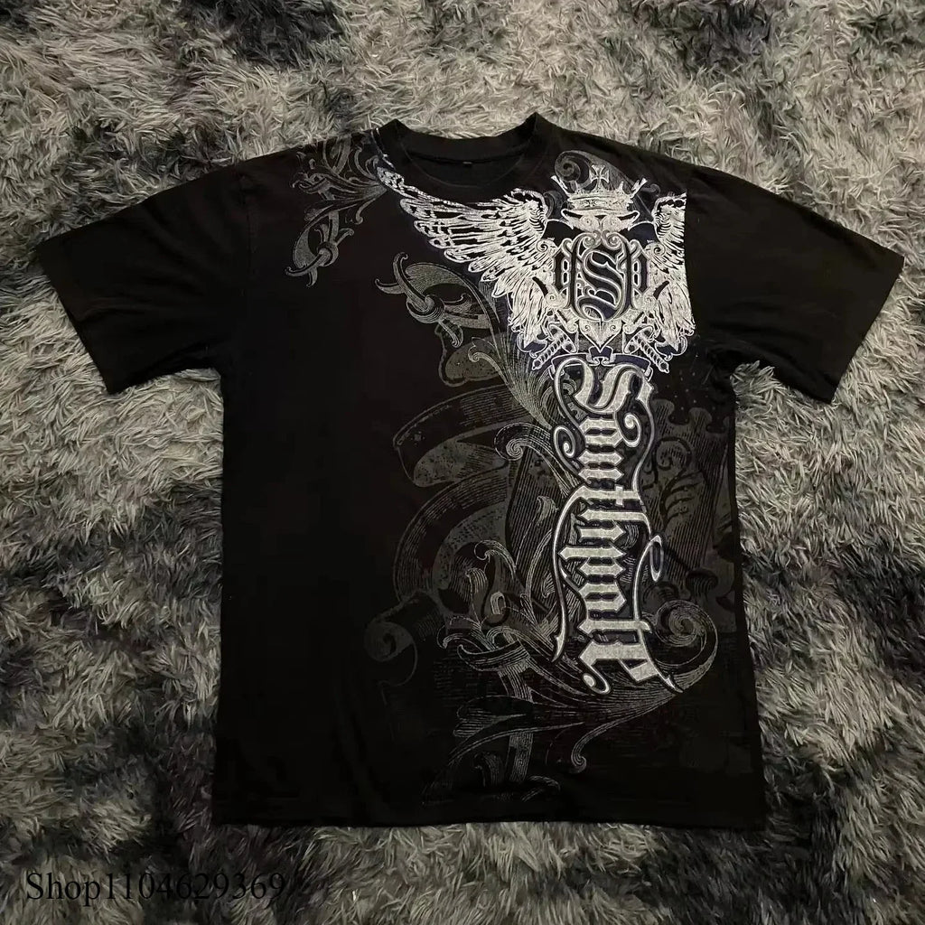 Alt Style Y2K Gothic Long Sleeve Pattern Oversized T Shirt High Street Breathable Cotton Women Man Casual Top