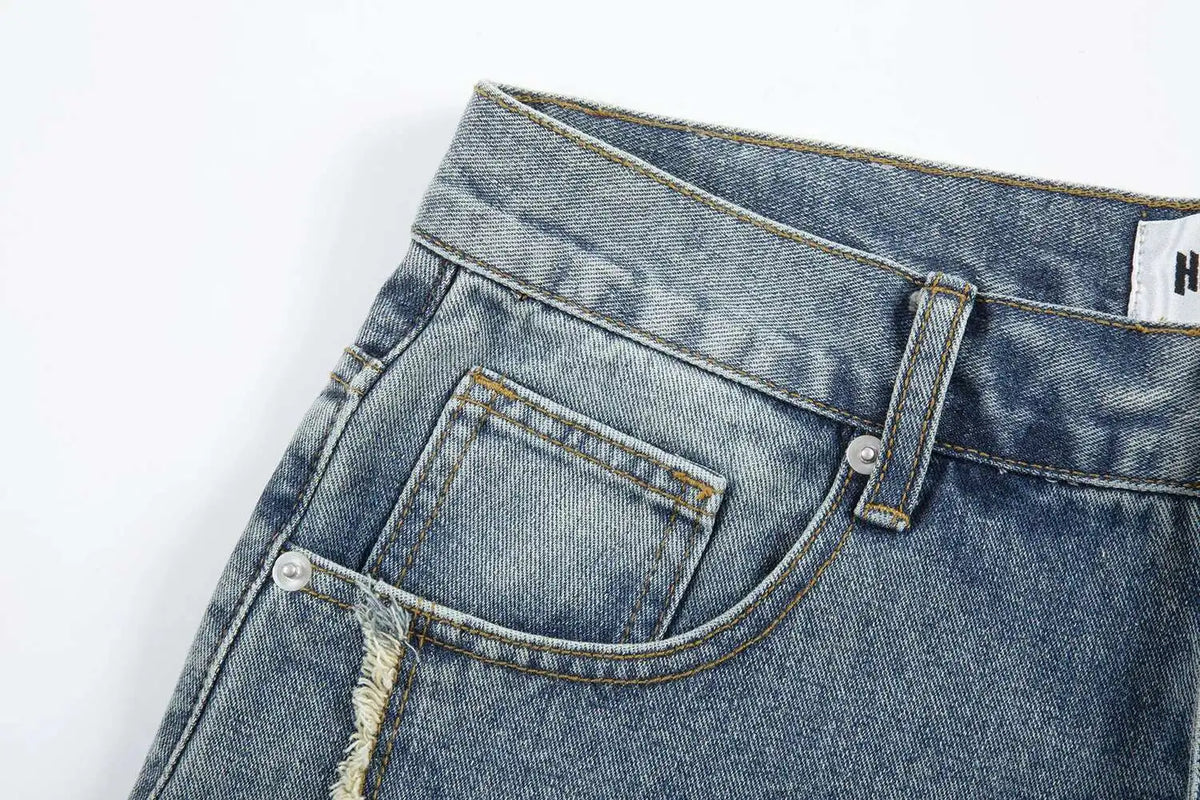 Summer Pentagram Pattern Men's Jort Splicing Mid Length Denim Pants American High Street Straight Male Shorts