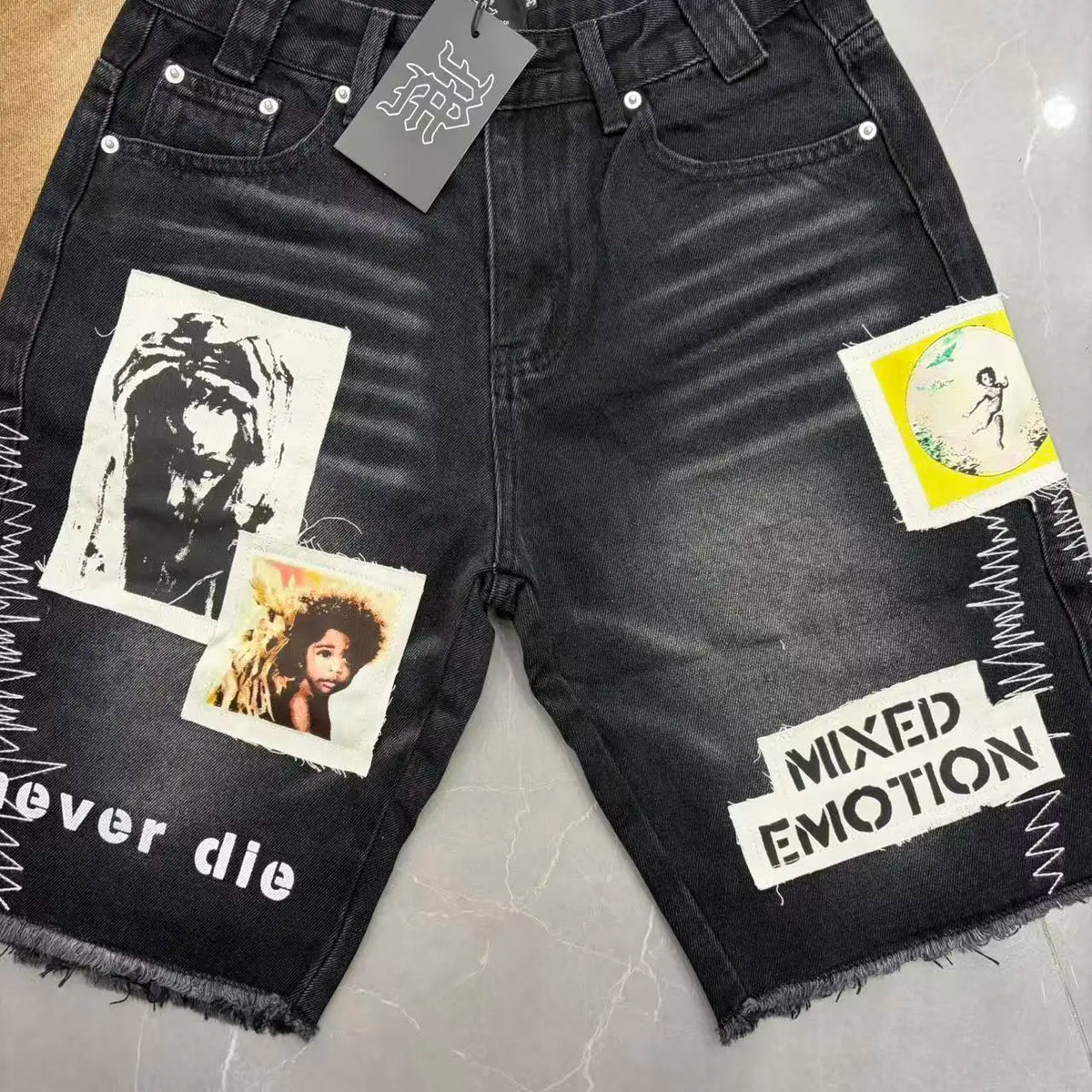 Vintage Men Denim Jorts Patchwork Graphic Raw Frayed Distressed Baggy Denim Shorts Hip Hop Y2K Streetwear Cargo Jean Shorts