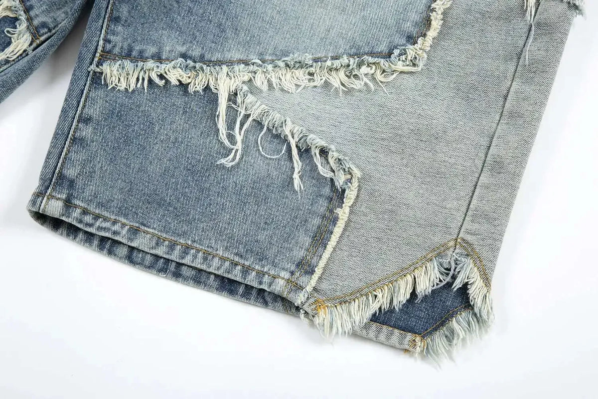Summer Pentagram Pattern Men's Jort Splicing Mid Length Denim Pants American High Street Straight Male Shorts