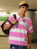 Summer Casual Graphic Pink Men'S Printed Long Sleeve Preppy Striped Polo Collar T-Shirt, Casual College Style Top