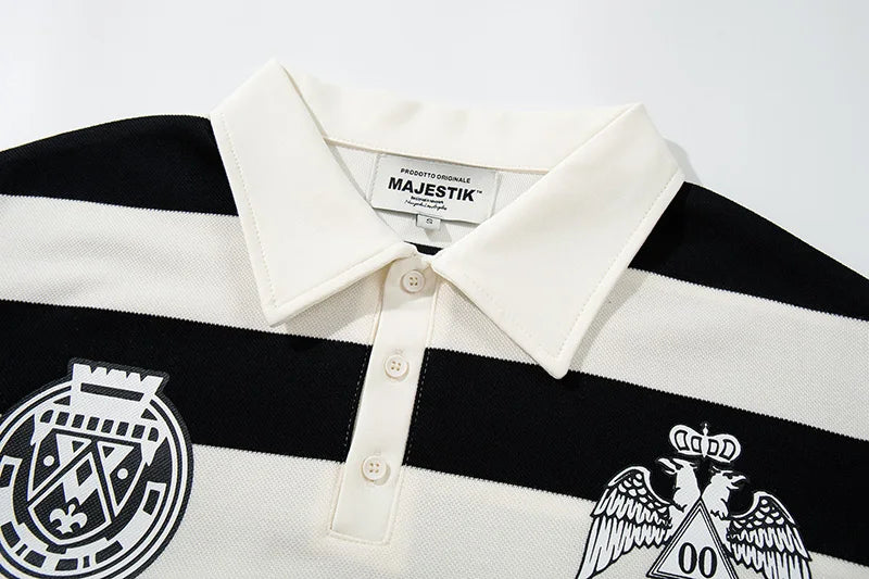 Striped Rhinestone Letter Logo MAJESTIK Short Sleeve Polo Shirt Men Woman Streetwear All-match Tee Best Quality New Fashion Top