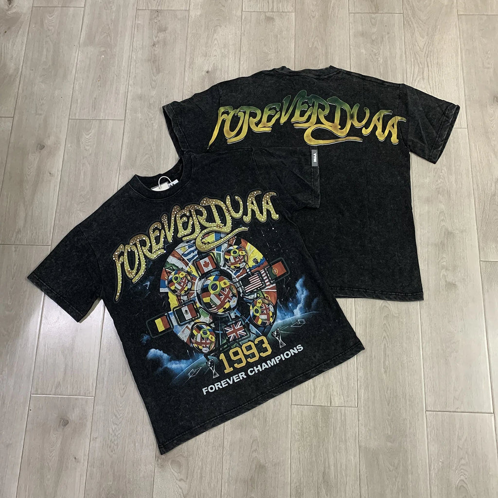 Streetwear Rhinestone Letter Print Yellow T-shirt Men Woman Fashion Retro Shinning Diamond loose casual Oversized Hip Hop Tees