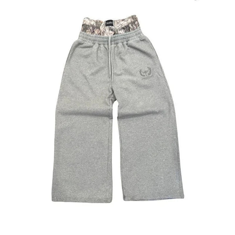 Y2K Retro Pants Harajuku Double Embroidered Waist Sweatpants Hip Hop Goth Clothes Fashion Wide Leg Baggy Pants Streetwear Unisex