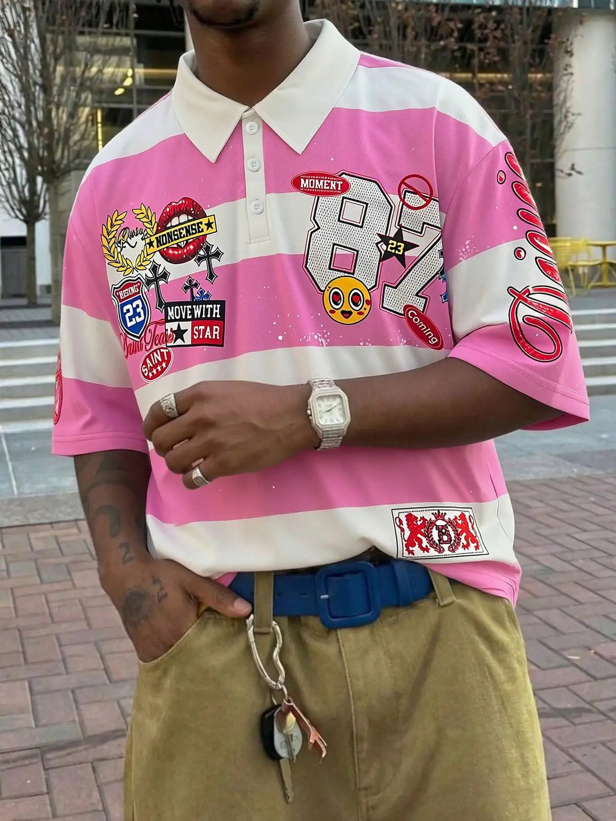 Summer Casual Graphic Pink Men'S Printed Long Sleeve Preppy Striped Polo Collar T-Shirt, Casual College Style Top