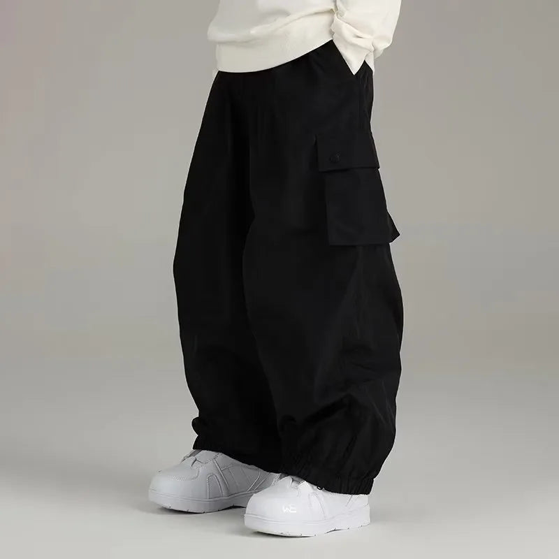 Beige Baggy Cargo Pants Side Pocket Elastic Cuff Loose Fit Trousers Men's Casual Pants