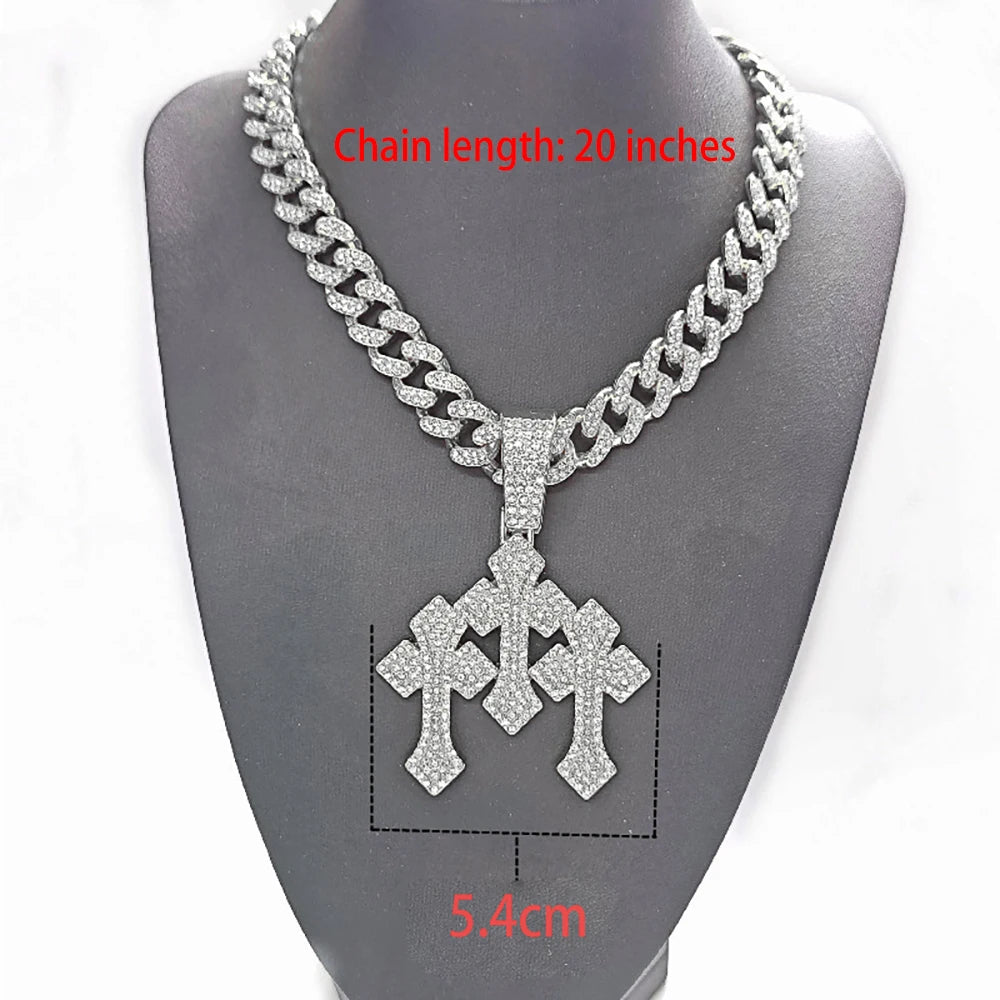 New Iced Out Stacked Crosses Pendant Necklace