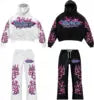 Vintage Washed Unisex Hoodie Jogger Set 100% Cotton Fleece Anti-Bacterial Pink Black Letter Print Crop Sweatshirt Wide Leg Pants