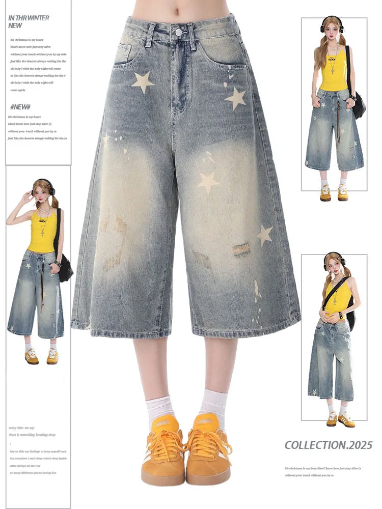 Street Y2K Vintage Washed Cat Whiskered Style embroidered Bermuda Jeans Knee Length Denim Jorts Casual Shorts Cropped Trousers