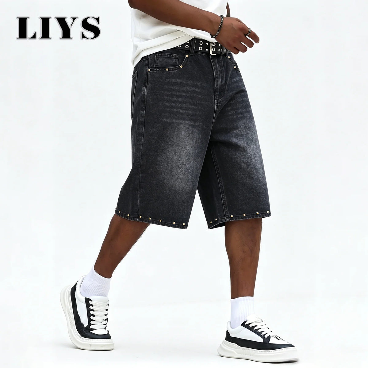 LIYS Men's Vintage Black Rivet Wide-Leg Jean Jorts High Street Y2K Fashion Brand Pants Streetwear Casual Outdoor Daily Wear ﻿