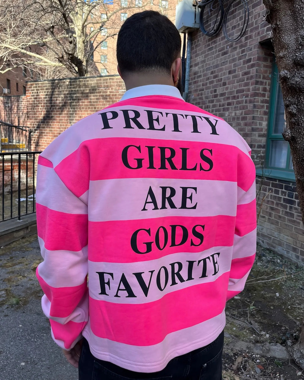 Pink Rugby Polo Shirts Hip Hop Men Stripe Print Lapel Neck Shirt Y2k Harajuku Fashion Casual Cotton Long Sleeves Top Women Tees