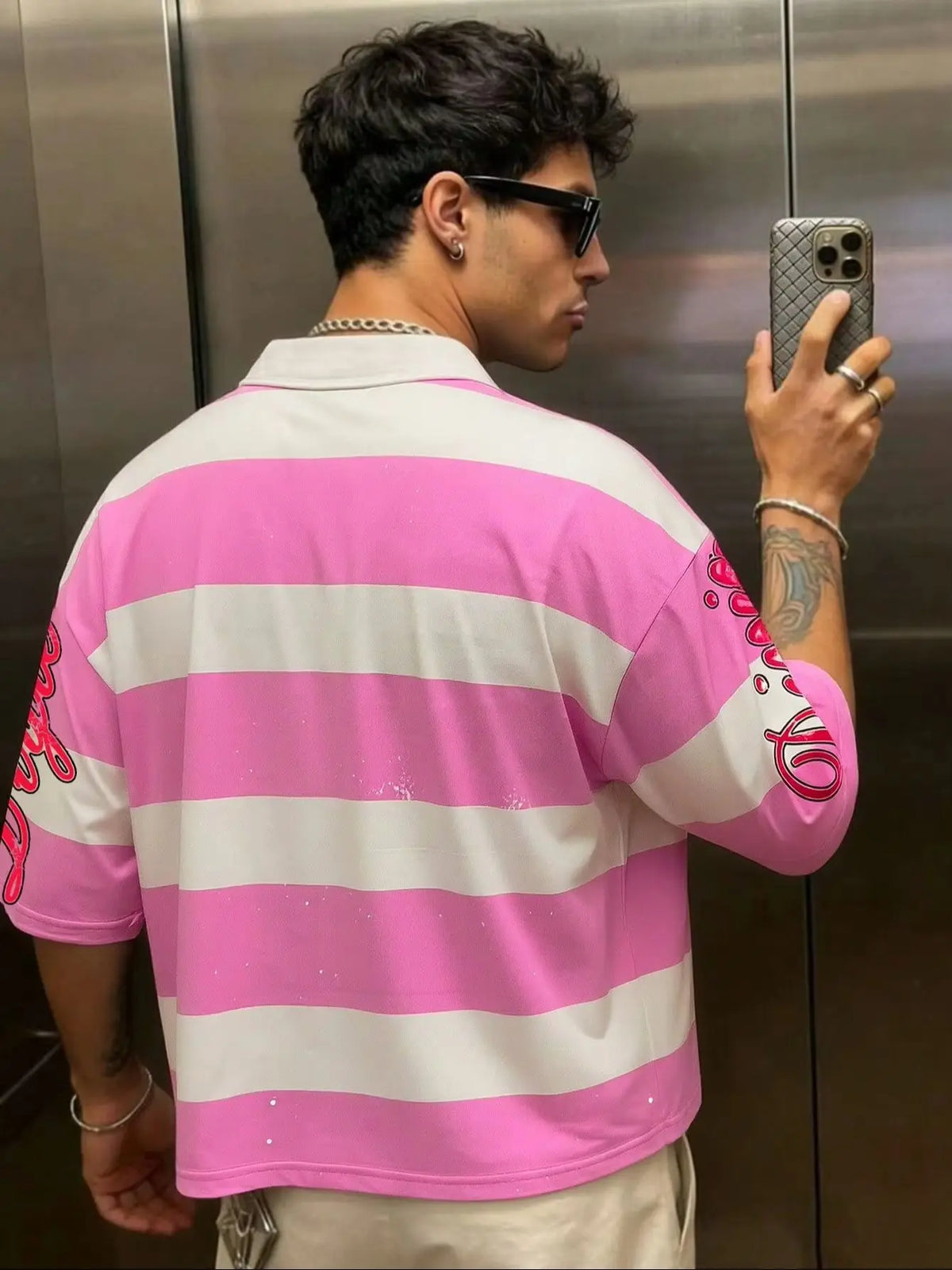 Summer Casual Graphic Pink Men'S Printed Long Sleeve Preppy Striped Polo Collar T-Shirt, Casual College Style Top