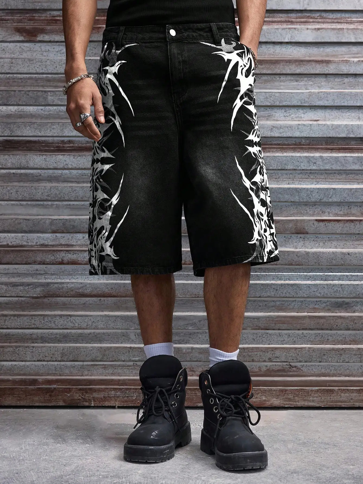 Men Black Non-Stretch Denim Jorts Summer Streetwear Print Baggy Wide Leg Knee Length Hip Hop Casual Shorts Y2K Punk Style