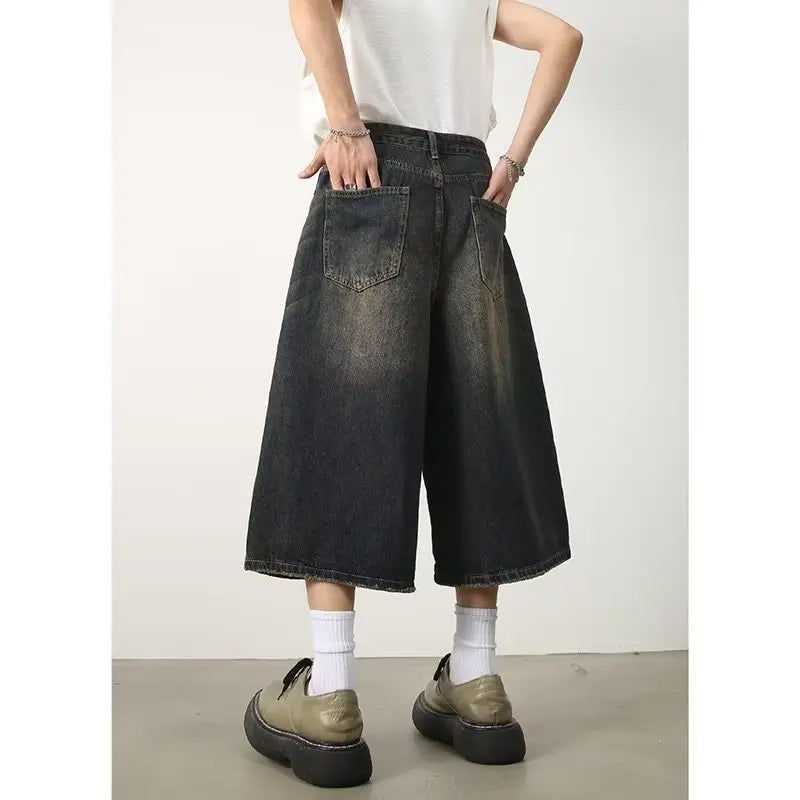 Vintage Y2k Baggy Jeans Men's Fashion High Waisted Wide Leg Pants Summer Hip Hop Streetwear Couple Leisure Denim Cropped Pants