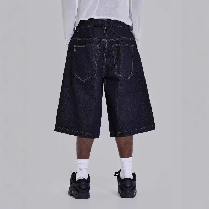 HOUZHOU Vintage Letter Print Jorts Women Black Gothic Y2k Baggy Denim Jorts Retro Hip Hop Grunge Wide Leg Short Jeans Streetwear