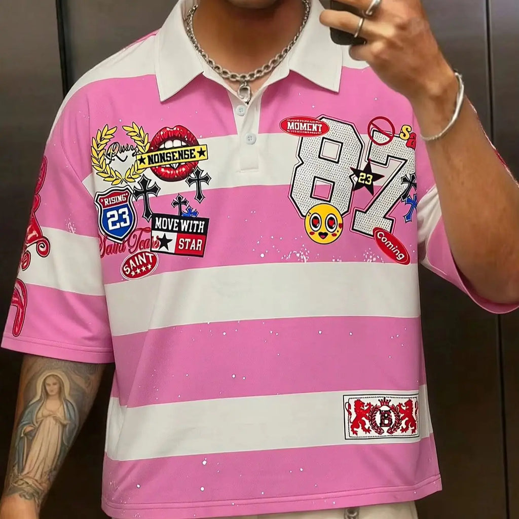 Summer Casual Graphic Pink Men'S Printed Long Sleeve Preppy Striped Polo Collar T-Shirt, Casual College Style Top