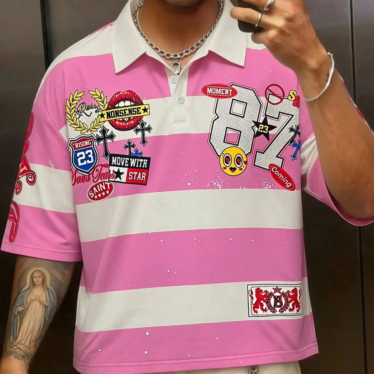 Summer Casual Graphic Pink Men'S Printed Long Sleeve Preppy Striped Polo Collar T-Shirt, Casual College Style Top
