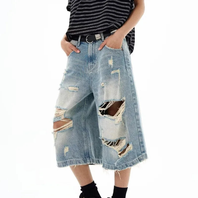 New Men Vintage Ripped Baggy Short Jeans Women Grunge Distressed Oversized Jorts Y2k Retro Punk Streetwear Wide Leg Denim Shorts